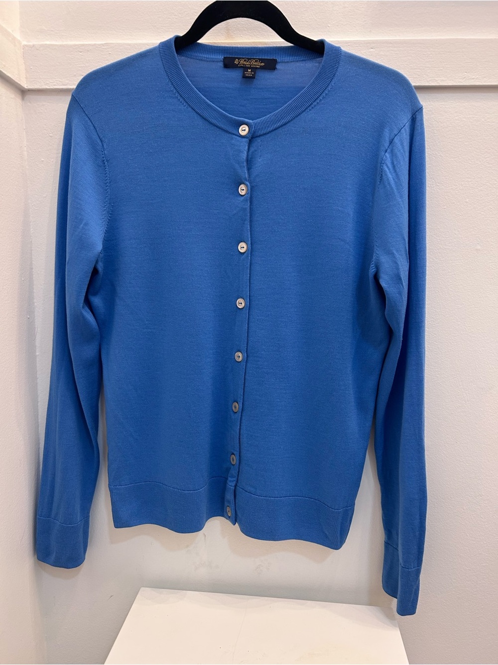 Brooks Brothers Jazz Blue Button-Front Crewneck Cardigan in Merino Wool